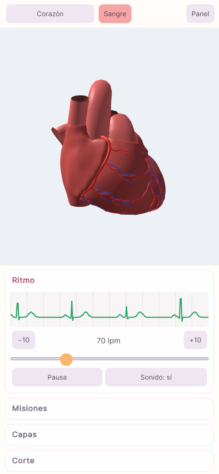 La app Organauta mostrando el corazón en 3D